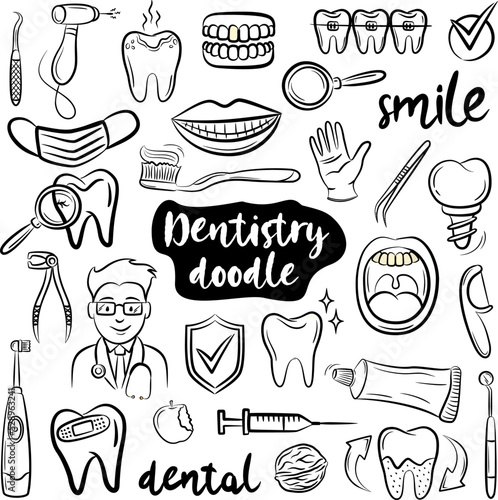 Dentistry doodles icon set. Hand drawn lines dental on white background. Vector illustrations for design