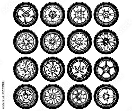 Set of car wheel, rubber tyre, truck wheel element illustration. 3D illustration of rims car collections. Vector eps 10.