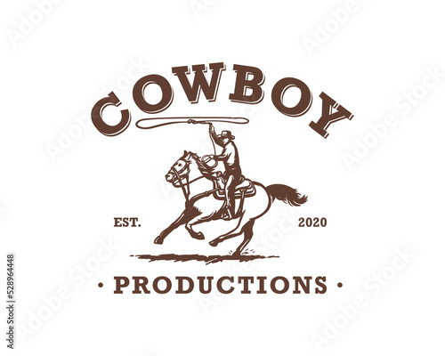 American cowboy riding horse and throwing lasso illustration symbol icon logo vector.