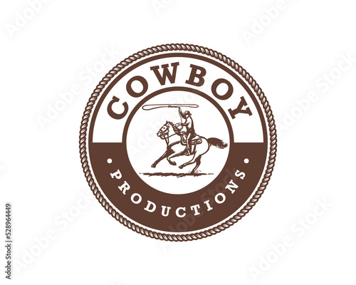 American cowboy riding horse and throwing lasso illustration symbol icon logo vector.