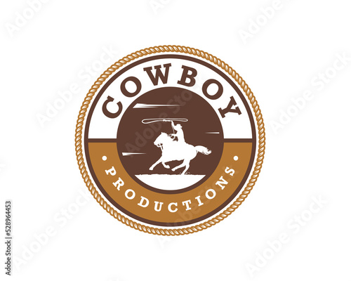 American cowboy riding horse and throwing lasso illustration symbol icon logo vector.