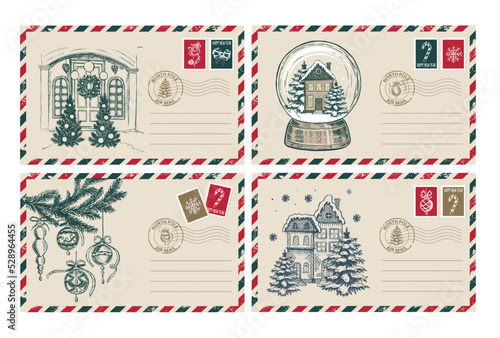 Christmas mail, postcard, hand drawn illustration.	
