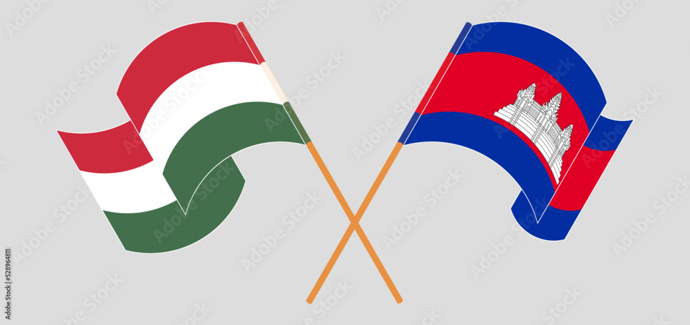 Crossed flags of Hungary and Cambodia. Official colors. Correct proportion
