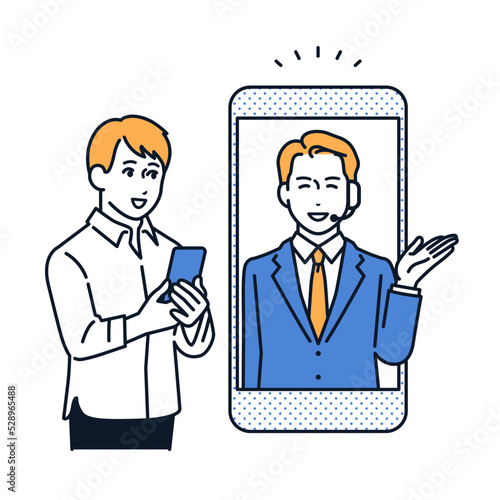 スマホでオンライン相談をする男性のシンプルなベクターイラスト素材