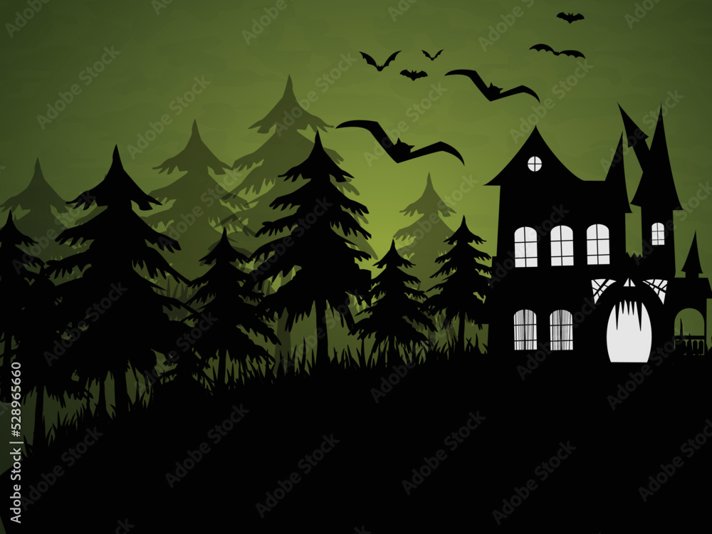 Halloween illustration haunted house with spooky forest