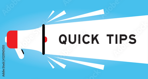 Color megaphone icon with word quick tips in white banner on blue background
