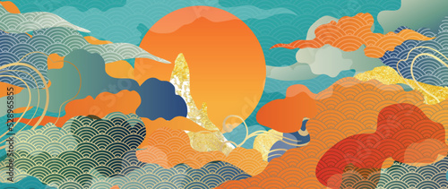 Luxury gold oriental background vector. Chinese and Japanese oriental line art with mountains, hills, cloud, wind, sun, Japanese pattern. Elegant landscape illustration design for wall art, wallpaper.