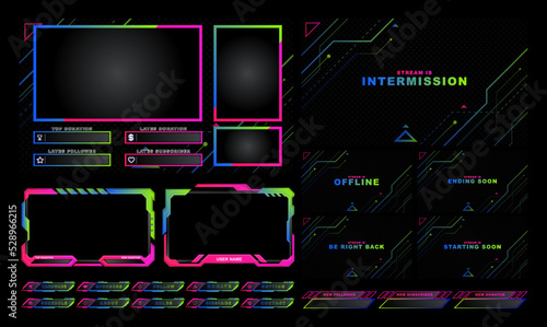twitch Stream Facecam OBS Template Green Pink Game frame overlay design Pack. photo