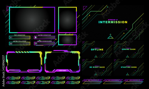 twitch Stream Facecam OBS Template Pink Green Game frame overlay design Pack.