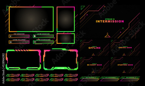 twitch Stream Facecam OBS Template Green Orange Game frame overlay design Pack.