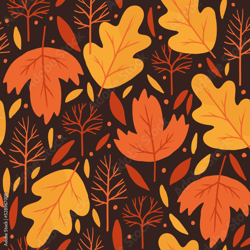 Leaves and twigs scattered around the background. Autumn seamless background. Floral pattern.