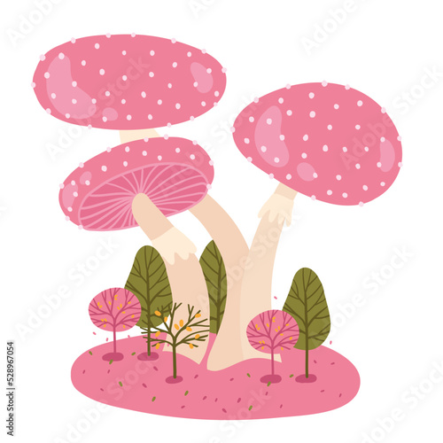 Mushrooms with pink caps. Fairy mushrooms in a magical forest.
