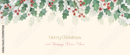 Watercolor Christmas vector background with green leaves and holly berries. photo