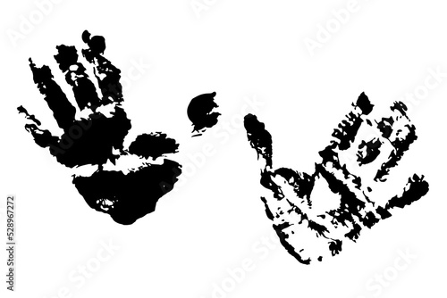 Human hand print, palm and fingers quintuple, black and white shabby footprint