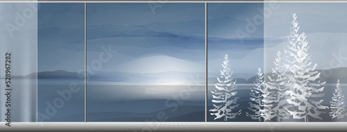 Panoramic window with winter view. Norway landscape. Minimalist vector illustration suitable for banners, booklets, web, brochures, flyers, advertisements.