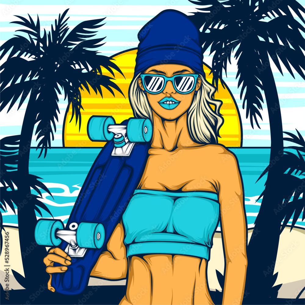 beach illustration with model with vibrant collor