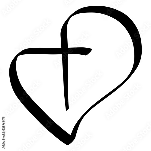 christian symbol, cross and heart drawn with one black line on a white background