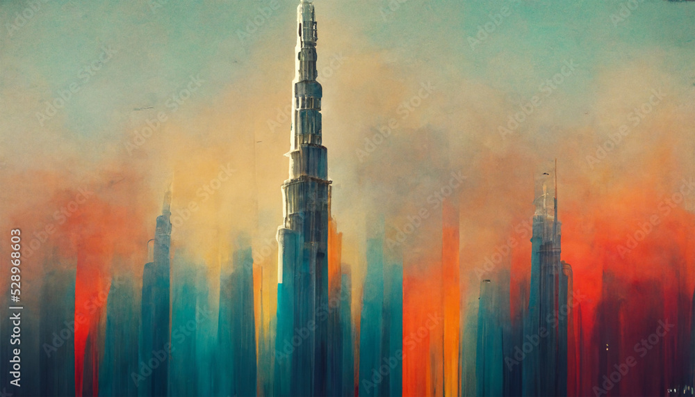Burj khalifa skyscraper uae dubai with colorful sky painting Stock
