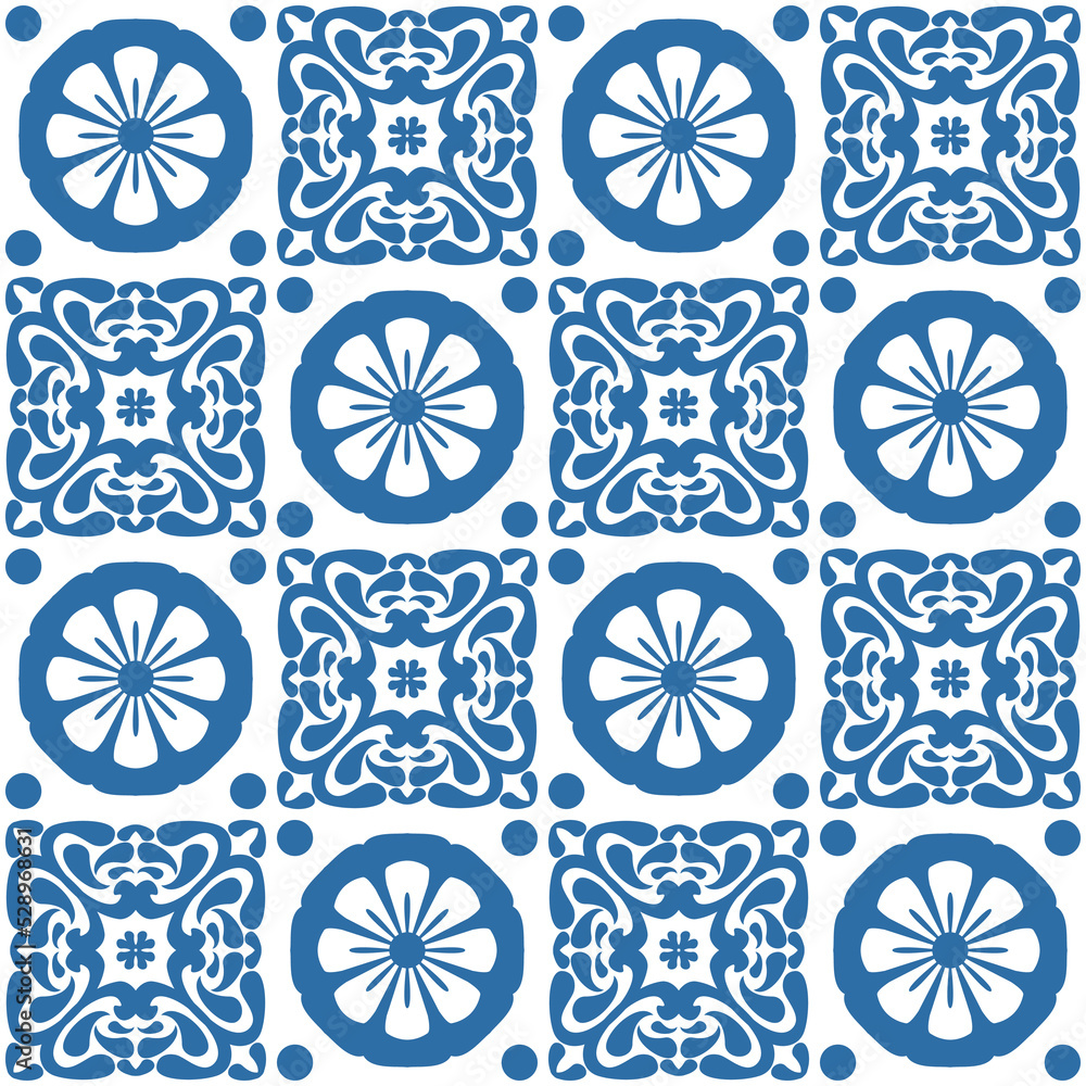 Azulejo ceramic tiles retro motif for interior decor, blue indigo geometric vector Illustration