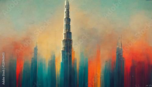 Fotografiet Burj khalifa skyscraper uae dubai with colorful sky painting