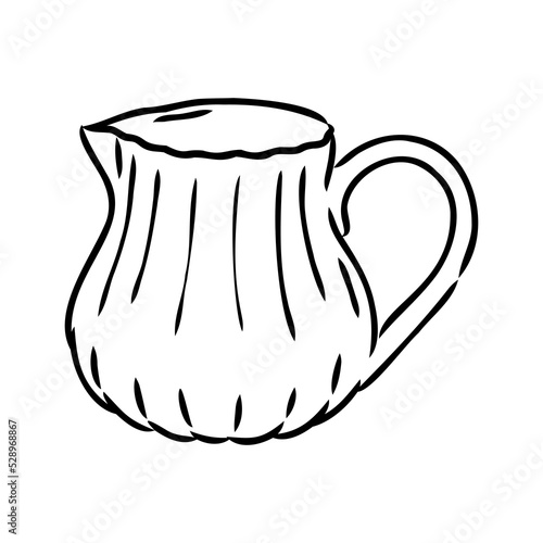 Milk jug silhouette. Creamer jug for serving with coffee or tea. Tradition of drinking coffee with milk. Tea time. Design element for cafes, food delivery sites and restaurants. Sketch, linear drawing