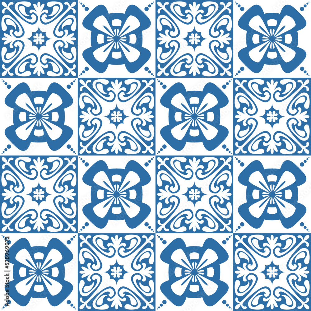 Blue Azulejo square pattern portuguese tiles for wall decor, traditional retro Illustration