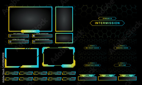 twitch Stream Facecam OBS Template Yellow Light Blue Game overlay design Pack.