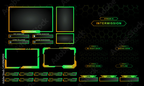 twitch Stream Facecam OBS Template Green Yellow Game overlay design Pack.