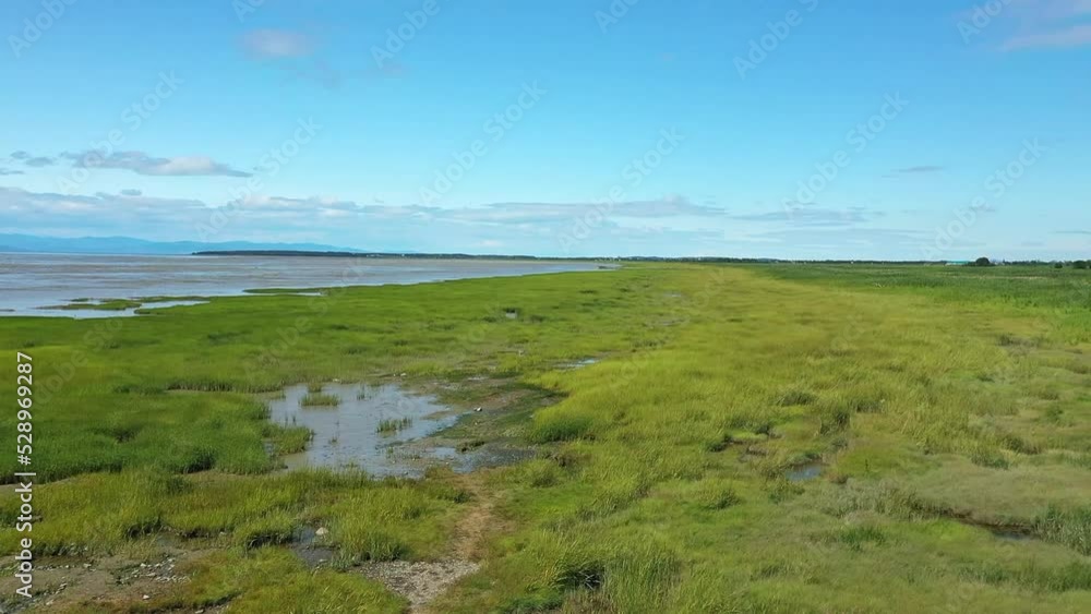 Aerial drone video, mid-air, filming from above the shoreline and tall grass showing the landscape of La Pocatiere, Quebec Aerial drone video, mid-air, filming from above the shoreline and tall grass showing the landscape of La Pocatiere, Quebec