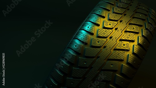 New car tire profile. Tire tread. Car wheel. Black rubber automotive tire. Auto service concept, changing wheels. Tire shop. Public transport. Motor sports, 3D Rendering.