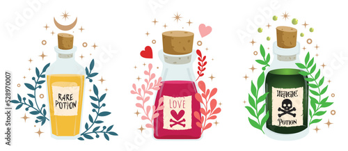Colorful potions set, Rare Poison, Love Potion, and Magic potion Surrounded by leaves and stars. Vector fantasy and fairy tale.