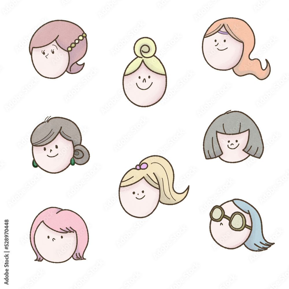八人の若い女性の顔のセットイラスト 八人の若い女性の顔のセットイラスト