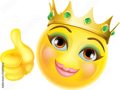 A queen or princess emoticon emoji cartoon face wearing a gold crown giving thumbs up