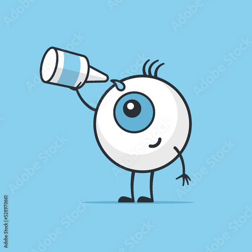 Human eye mascot character applying medical drops, eye health medicine for conjunctivitis, dry and sore eye treatment. Vector cartoon illustration