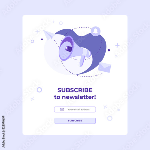 Subscribe banner with megaphone and message social media icon. Vector banner of email marketing. Subscription to newsletter, news, offers, promotions. Send by mail. Follow me.