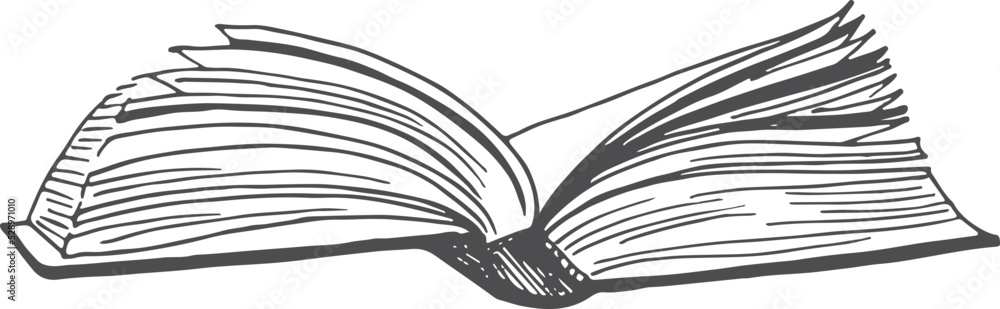 Open book side view. Engraved sheets. Reading symbol
