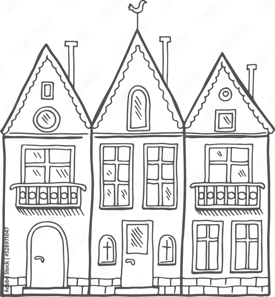 Cute living apartment houses doodle. Street buildings sketch