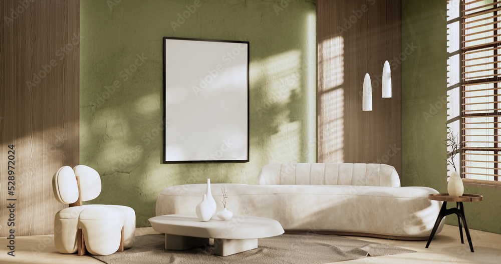 Green Modern room interior wabisabi style and sofa and decoration japanese.3D rendering Green Modern room interior wabisabi style and sofa and decoration japanese.3D rendering