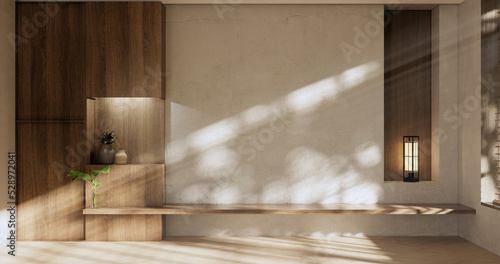 Cabinet room wooden interior wabisabi and armchair sofa and decoration japanese style.3D rendering
