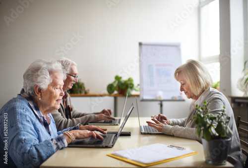 Senior group in retirement home learning together in computer class