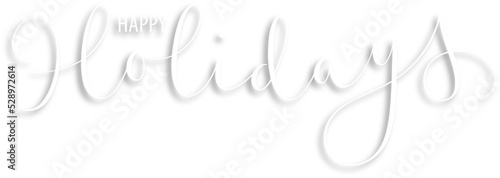 HAPPY HOLIDAYS white brush calligraphy banner with drop shadow on transparent background