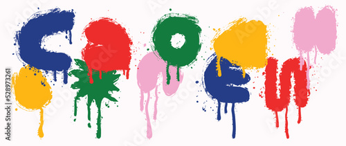 Set of graffiti spray pattern. Collection of colorful symbols, alphabet, grunge, dripping, dot and stroke with spray texture. Elements on white background for banner, decoration, street art and ads.