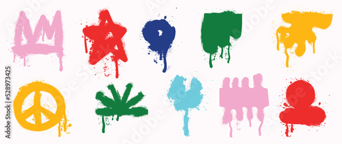 Set of graffiti spray pattern. Collection of colorful symbols, star, crown, peace, dot and stroke with spray texture. Elements on white background for banner, decoration, street art and ads.