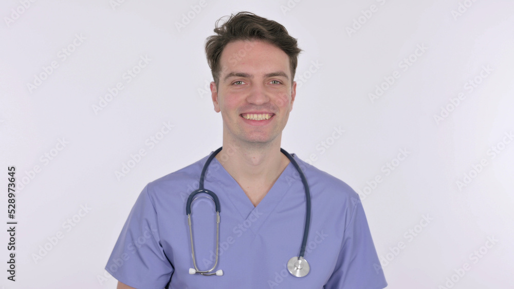 Young Doctor Smiling at Camera on White Background Young Doctor Smiling at Camera on White Background
