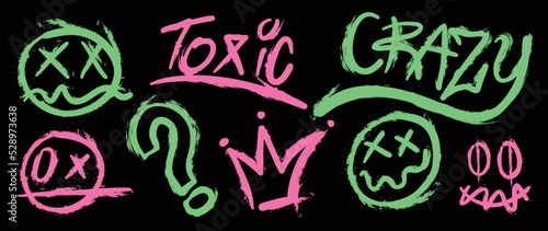 Set of graffiti spray pattern. Collection of colorful symbols, faces, text, crown, smile, dot and stroke with spray texture. Elements on black background for banner, decoration, street art and ads.