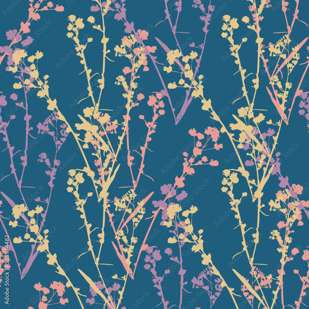 Seamless vector pattern with flowers, meadow herbs in doodle style. Botanical texture for bed linen, wallpaper, clothing, textile