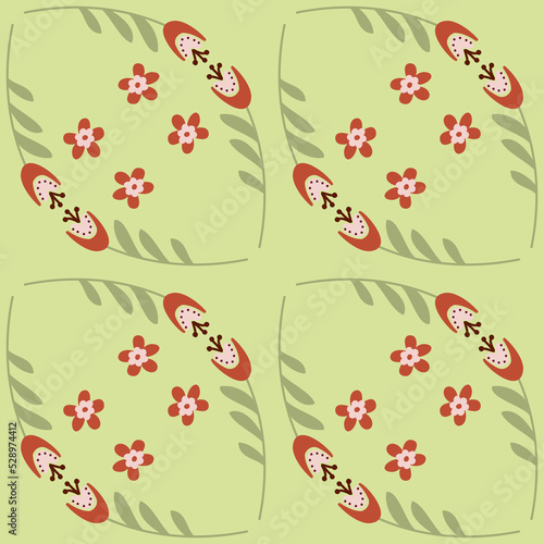 Bellflower flower pattern on light green background seamless pattern for design, sprig campanula flower blossom, vector illustration