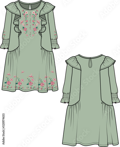 WOMEN AND GIRLS WEAR LONG CHIFFON WOVEN DRESS  FRONT AND BACK VECTOR SKETCH