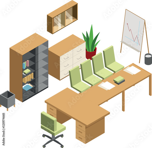 Conference room furniture. Isometric office space objects