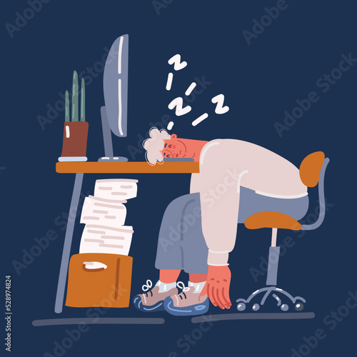 Cartoon vector illustration of Tired male worker sitting at his working place with computer and work paper and documents